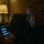 Mano di anziano che guarda sullo smartphone una chat con un compagno di intelligenza artificiale