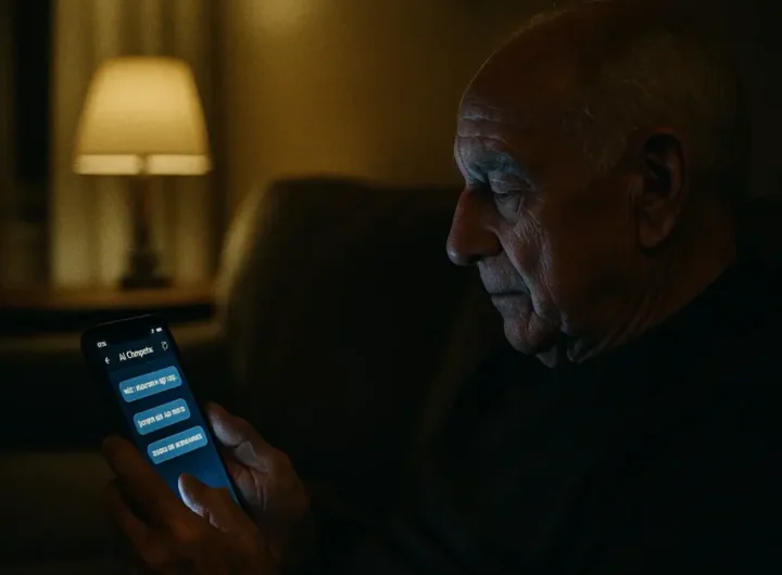 Mano di anziano che guarda sullo smartphone una chat con un compagno di intelligenza artificiale