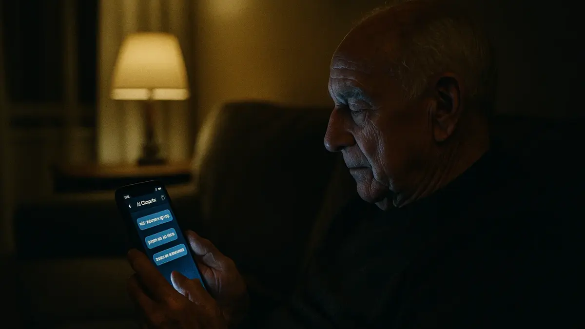 Mano di anziano che guarda sullo smartphone una chat con un compagno di intelligenza artificiale
