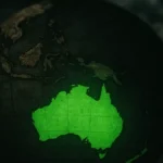 Mappa del mondo con Australia e la Nuova Zelanda evidenziate come rifugi resilienti post-nucleari