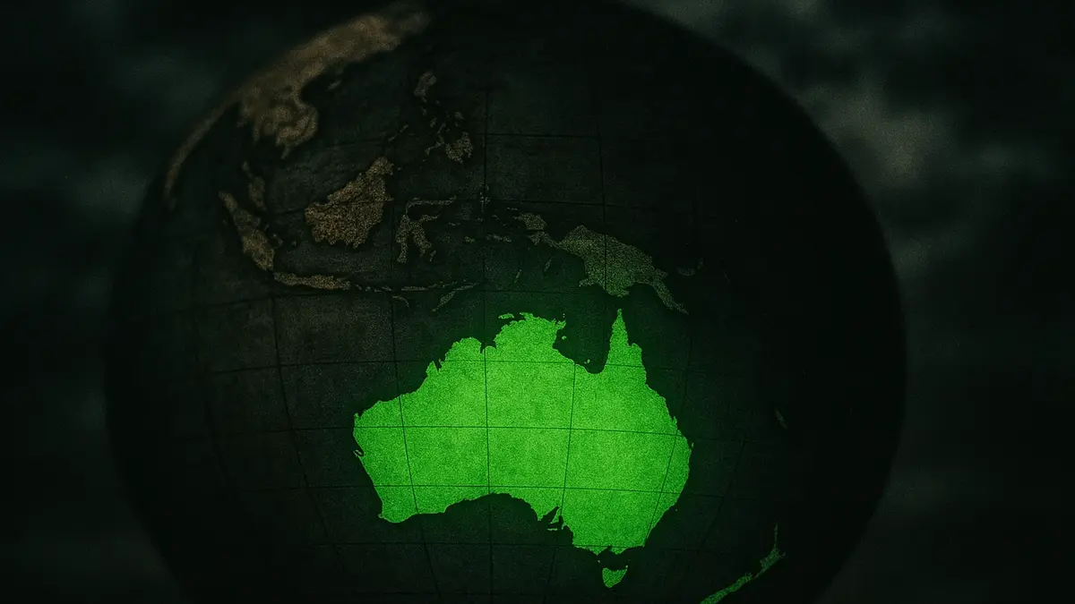 Mappa del mondo con Australia e la Nuova Zelanda evidenziate come rifugi resilienti post-nucleari