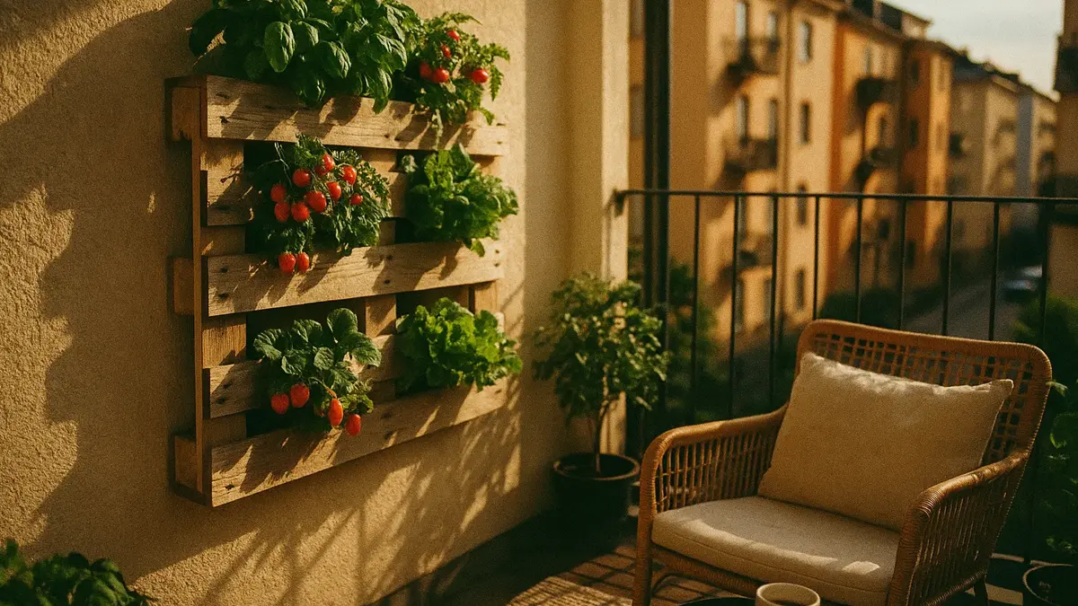 Orto verticale fai da te realizzato con un pallet su un balcone di città