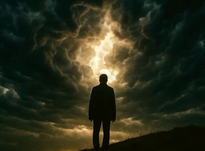 Persona che guarda il cielo con un espressione di attesa e stupore