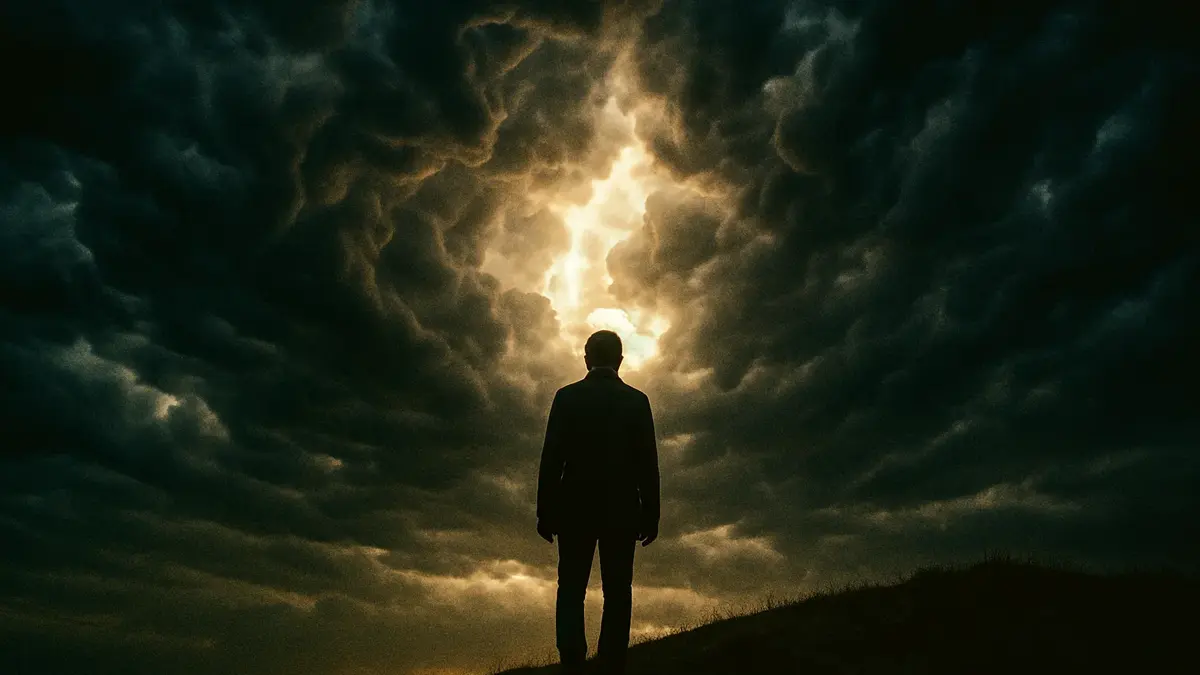 Persona che guarda il cielo con un espressione di attesa e stupore