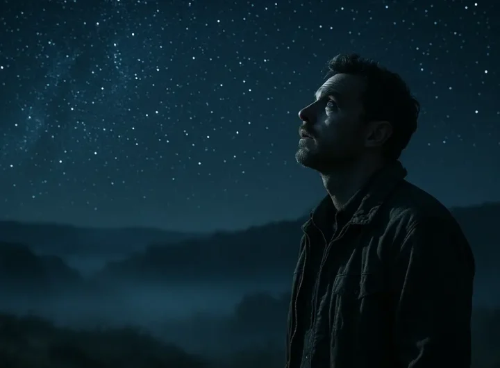 Persona che guarda il cielo notturno stellato