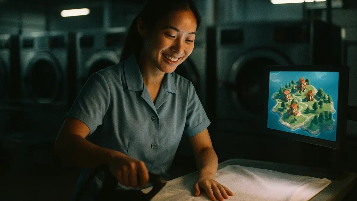 Postazione di lavoro in una lavanderia con uno schermo che mostra un videogioco