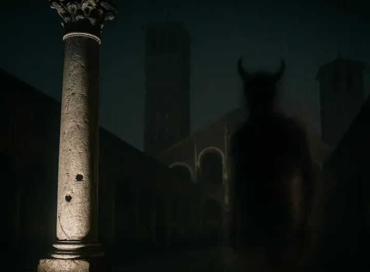 Primo piano dei due fori sulla Colonna del Diavolo