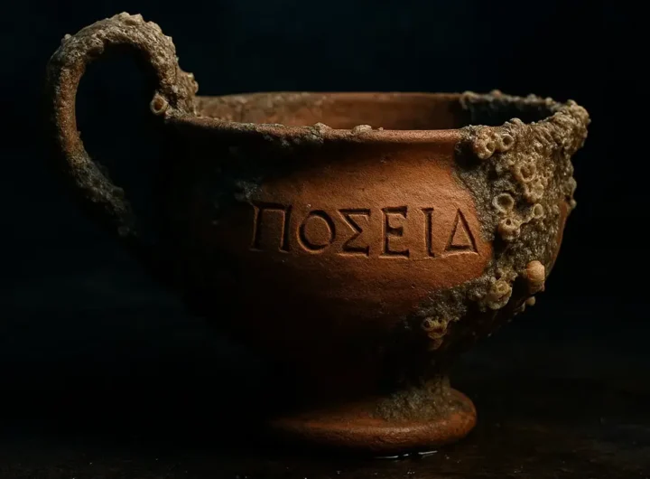 Primo piano di un antica coppa di ceramica con iscrizioni in greco