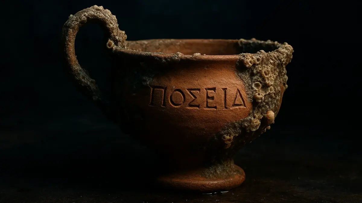 Primo piano di un antica coppa di ceramica con iscrizioni in greco