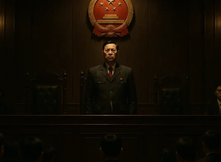 Primo piano di un tribunale cinese o immagine simbolica della giustizia con bandiera cinese