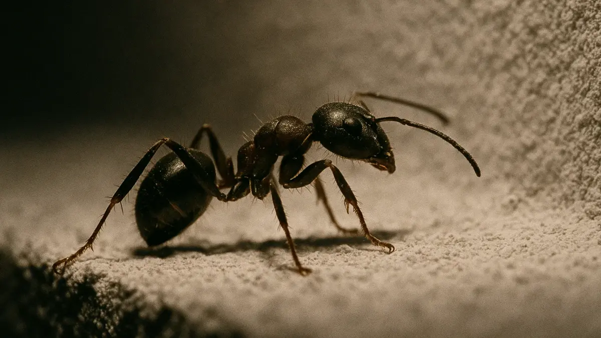 Primo piano macro di una formica che cammina su un muro verticale
