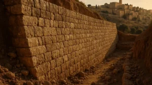 Ricostruzione digitale di antica diga in pietra nella Gerusalemme del Primo Tempio