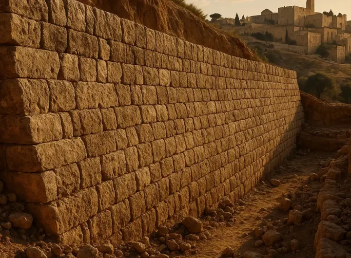 Ricostruzione digitale di antica diga in pietra nella Gerusalemme del Primo Tempio