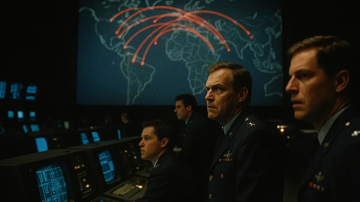 Schermo radar vintage del NORAD che mostra un falso allarme di missili in arrivo