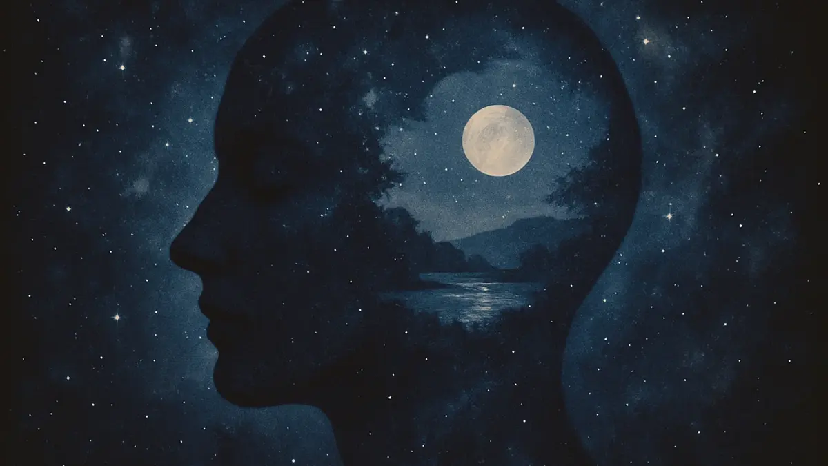 Silhouette di un volto che dorme con un cielo stellato al suo interno