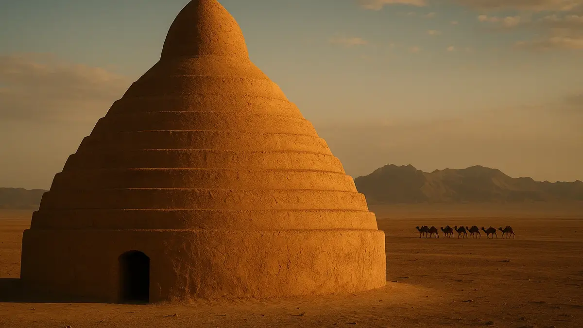 Struttura conica di un antico yakhchal persiano che si erge in un paesaggio desertico al tramonto