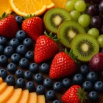 Tagliere di legno con frutta fresca disposta in modo artistico