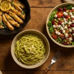 Tavola apparecchiata con piatti colorati e veloci per la cena