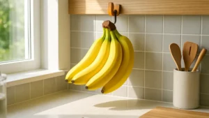 Un casco di banane gialle appeso a un gancio in una cucina luminosa