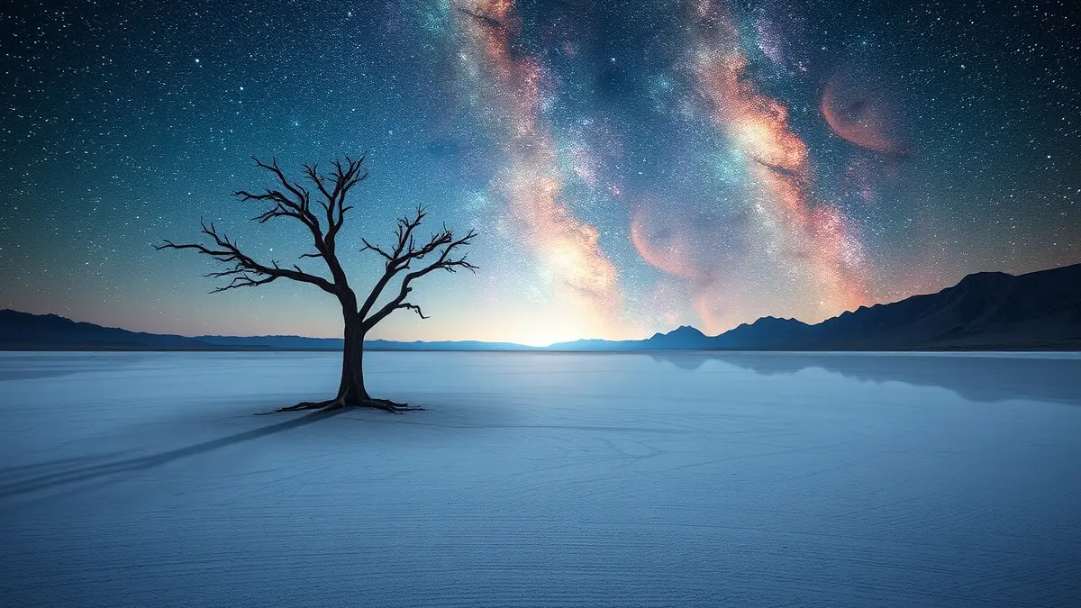 Un paesaggio fantastico e surreale che combina più elementi naturali impossibili