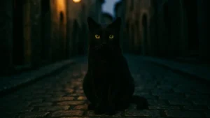 Un primo piano di un elegante gatto nero con penetranti occhi verdi