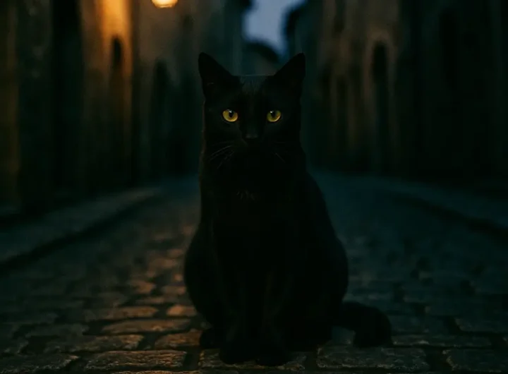 Un primo piano di un elegante gatto nero con penetranti occhi verdi