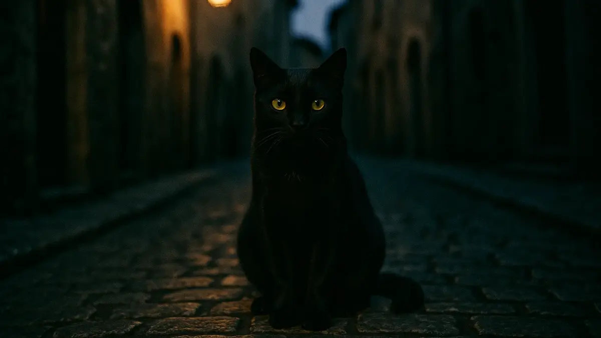 Un primo piano di un elegante gatto nero con penetranti occhi verdi