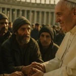 Un primo piano sorridente di Papa Francesco che saluta la folla