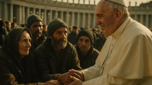 Un primo piano sorridente di Papa Francesco che saluta la folla
