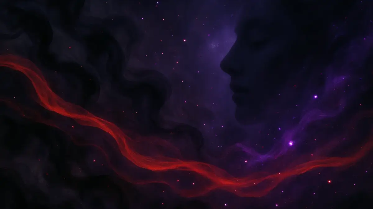 Una composizione onirica che fonde i colori nero, rosso e viola con il profilo di un volto ad occhi chiusi