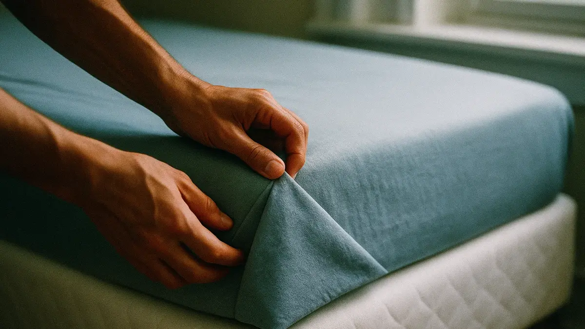 Una mano che esegue la piega a 45 gradi angolo a ospedale su un lenzuolo bianco