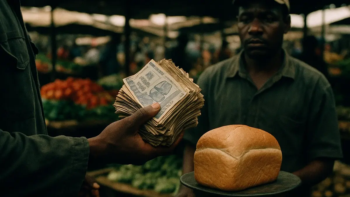 Una mano che tiene una banconota da 100 trilioni di dollari dello Zimbabwe