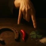 Una mano compie un gesto scaramantico sopra un tavolo con oggetti portafortuna