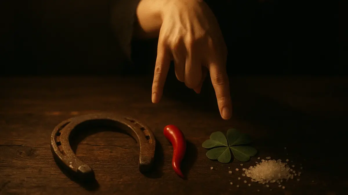 Una mano compie un gesto scaramantico sopra un tavolo con oggetti portafortuna
