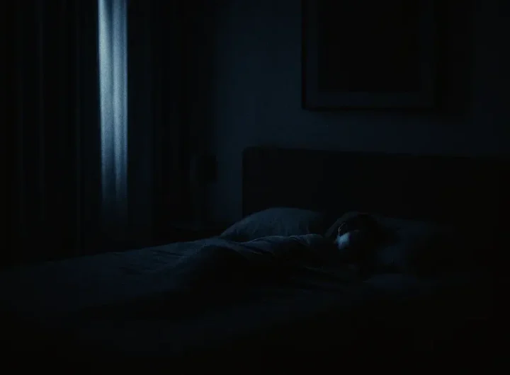 Una persona che dorme serenamente in una camera da letto completamente buia