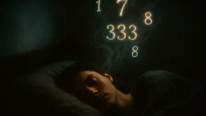Una persona dorme mentre numeri luminosi e onirici