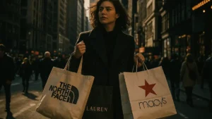 Una persona fa shopping in una via affollata di New York con borse di marchi americani