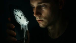 Una persona ipnotizzata dalla luce dello smartphone al buio