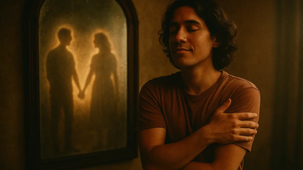 Una persona si abbraccia serenamente davanti a uno specchio