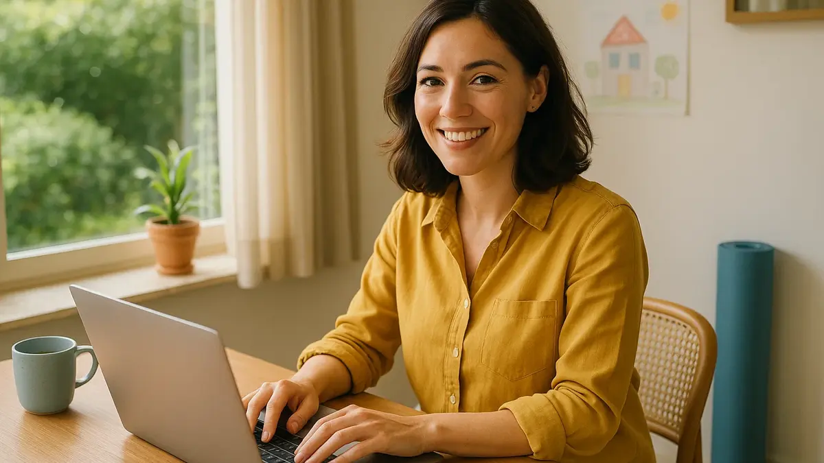 Una professionista sorridente lavora in un ambiente flessibile e luminoso