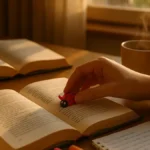 Uno studente seduto alla sua scrivania piena di libri tocca un piccolo amuleto portafortuna