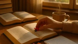 Uno studente seduto alla sua scrivania piena di libri tocca un piccolo amuleto portafortuna