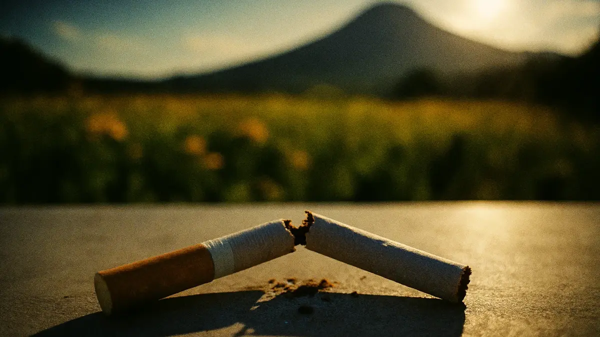 Uomo che spezza una sigaretta a metà con determinazione