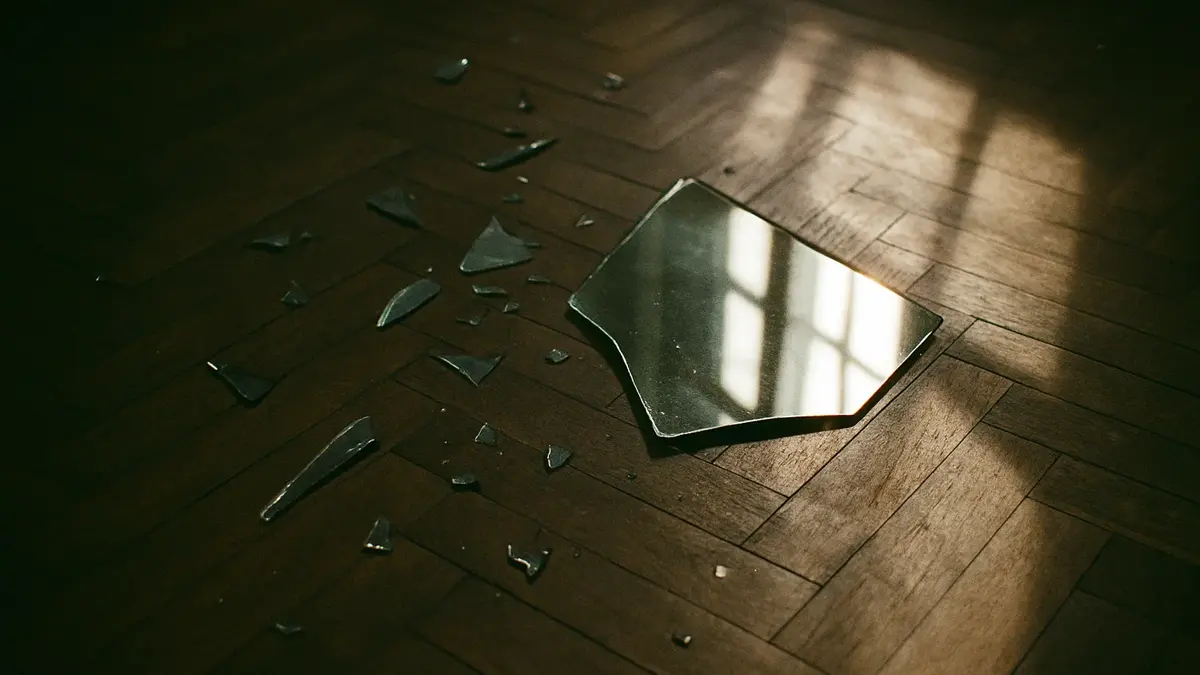 frammenti di uno specchio rotto su un pavimento di legno