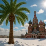 immagine surreale e d'impatto che mostra una palma rigogliosa che spunta dalla neve in Piazza Rossa a Mosca