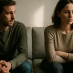 una coppia seduta a distanza su un divano