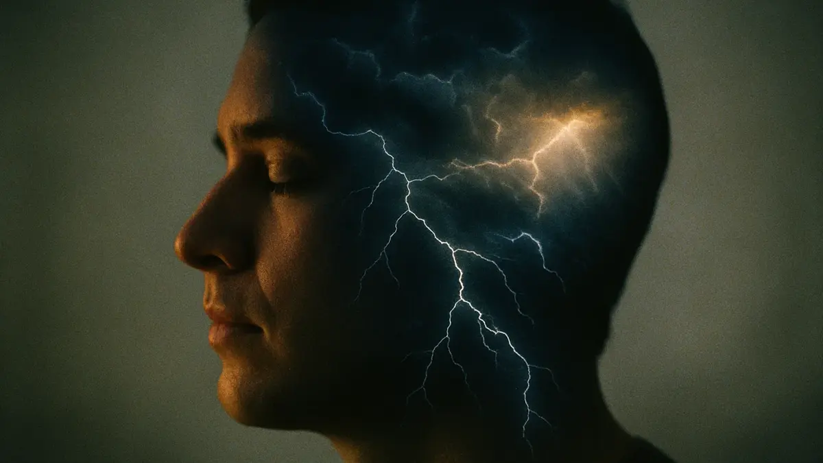 una persona seduta con la testa tra le mani