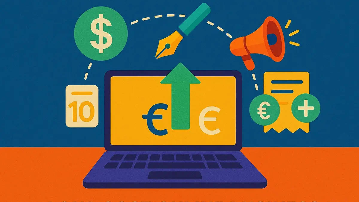 15 icone colorate che simboleggiano idee di business online a basso costo