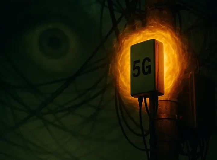 Antenna 5G urbana in primo piano con una luce rossa minacciosa