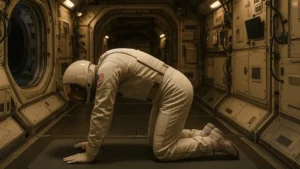 Astronauta in tuta spaziale che esegue un esercizio di stretching